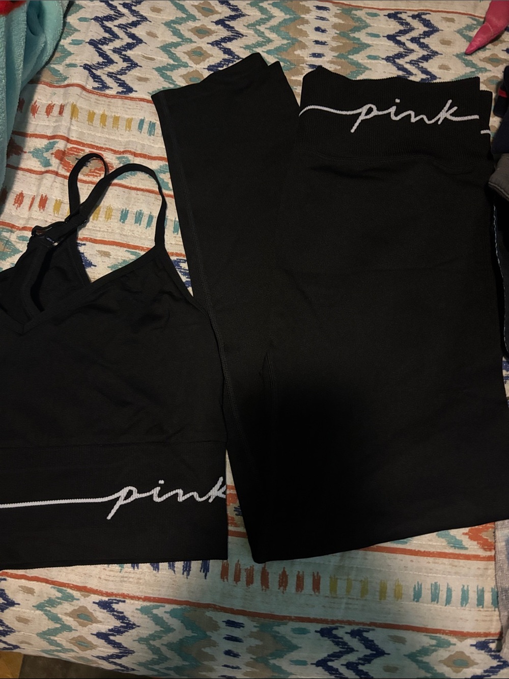 PINK Black Leggings with White Script Waistband